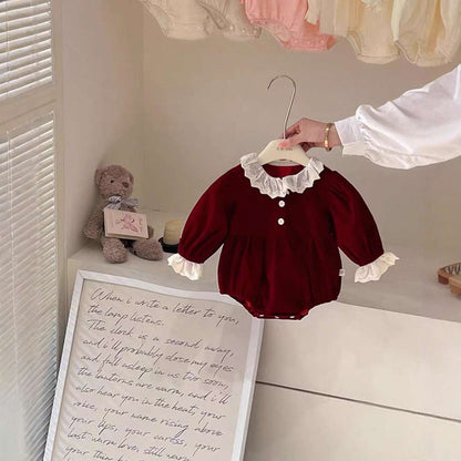 長袖ワンピース ベロア長袖ロンパース/ワンピース | レース襟パフ袖 | 姉妹リンクコーデ【mh0011488】