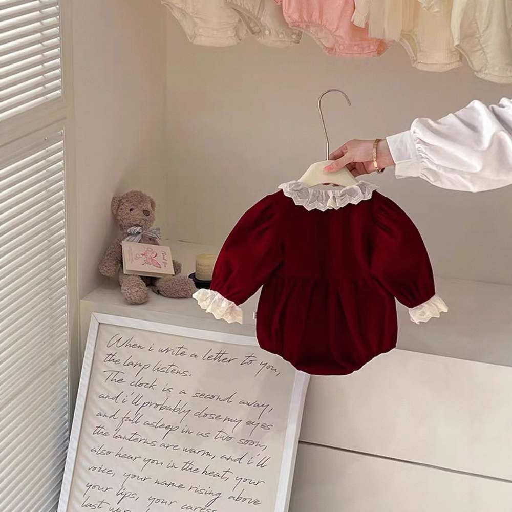 長袖ワンピース ベロア長袖ロンパース/ワンピース | レース襟パフ袖 | 姉妹リンクコーデ【mh0011488】