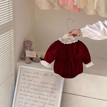 長袖ワンピース ベロア長袖ロンパース/ワンピース | レース襟パフ袖 | 姉妹リンクコーデ【mh0011488】