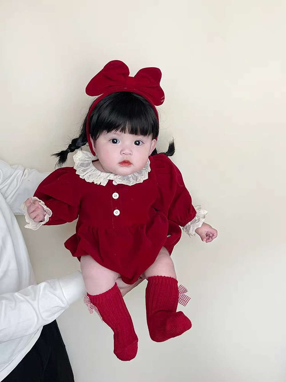 長袖ワンピース ベロア長袖ロンパース/ワンピース | レース襟パフ袖 | 姉妹リンクコーデ【mh0011488】