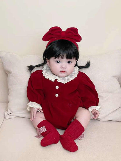 長袖ワンピース ベロア長袖ロンパース/ワンピース | レース襟パフ袖 | 姉妹リンクコーデ【mh0011488】