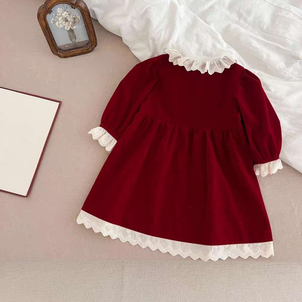 長袖ワンピース ベロア長袖ロンパース/ワンピース | レース襟パフ袖 | 姉妹リンクコーデ【mh0011488】