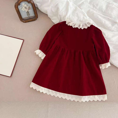 長袖ワンピース ベロア長袖ロンパース/ワンピース | レース襟パフ袖 | 姉妹リンクコーデ【mh0011488】