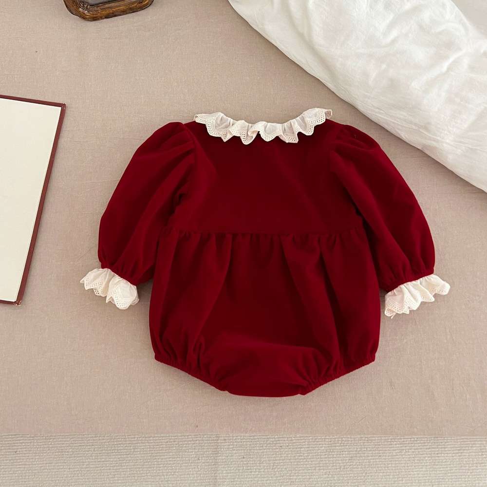 長袖ワンピース ベロア長袖ロンパース/ワンピース | レース襟パフ袖 | 姉妹リンクコーデ【mh0011488】