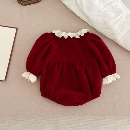 長袖ワンピース ベロア長袖ロンパース/ワンピース | レース襟パフ袖 | 姉妹リンクコーデ【mh0011488】