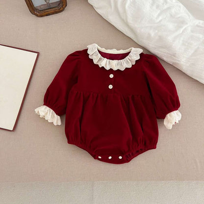 長袖ワンピース ベロア長袖ロンパース/ワンピース | レース襟パフ袖 | 姉妹リンクコーデ【mh0011488】