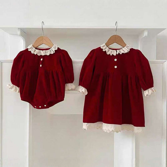 長袖ワンピース ベロア長袖ロンパース/ワンピース | レース襟パフ袖 | 姉妹リンクコーデ【mh0011488】