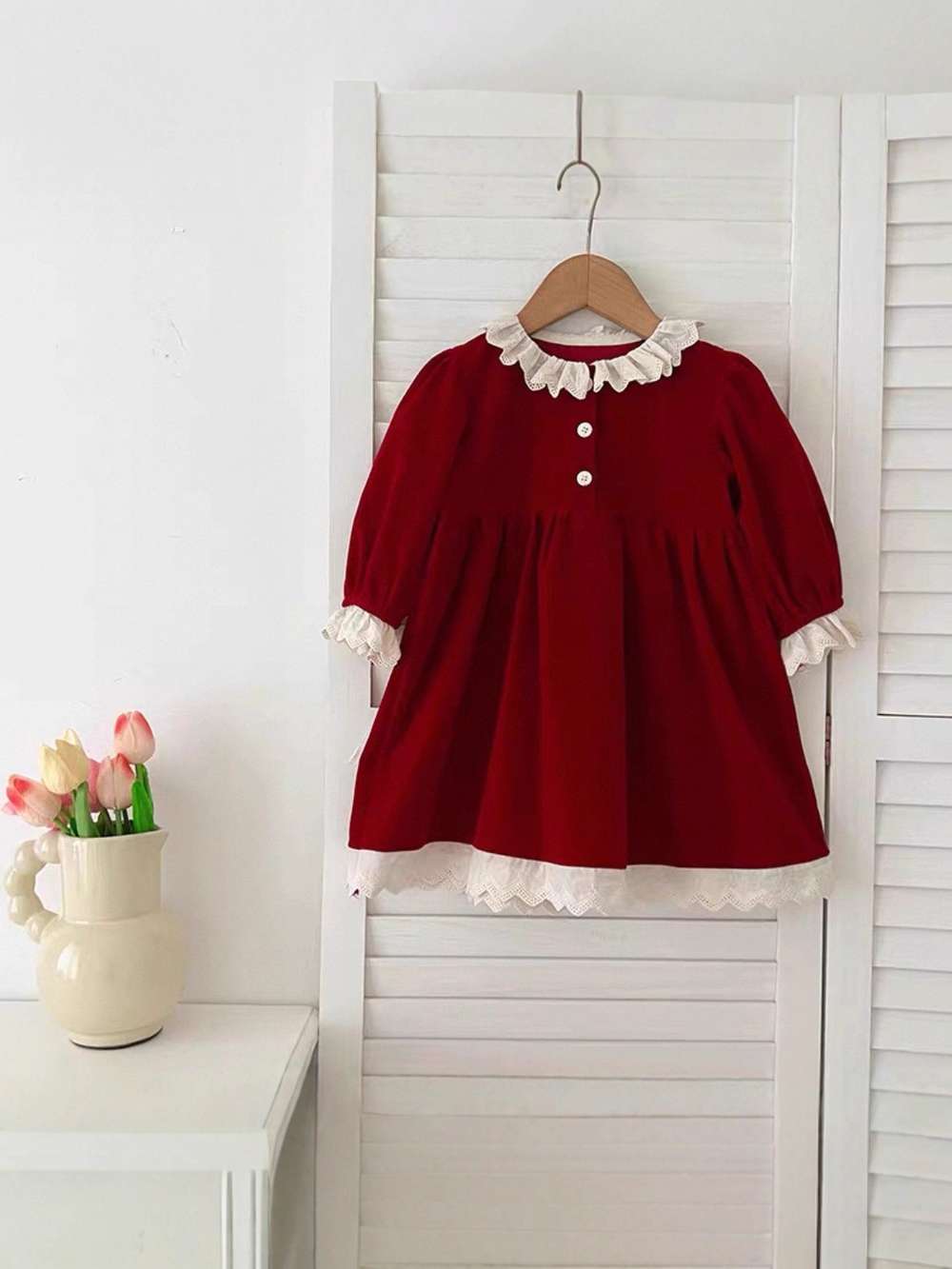 長袖ワンピース ベロア長袖ロンパース/ワンピース | レース襟パフ袖 | 姉妹リンクコーデ【mh0011488】