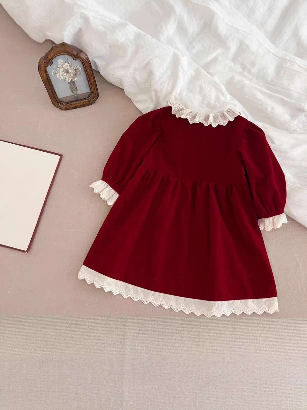 長袖ワンピース ベロア長袖ロンパース/ワンピース | レース襟パフ袖 | 姉妹リンクコーデ【mh0011488】