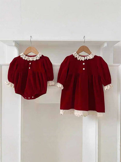 長袖ワンピース ベロア長袖ロンパース/ワンピース | レース襟パフ袖 | 姉妹リンクコーデ【mh0011488】