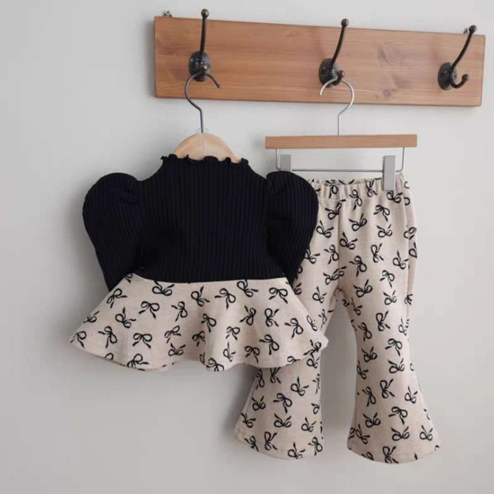 長袖セットアップ リボン柄ペプラムトップス + フレアパンツ | パフ袖セットアップ | リンクコーデ【mh0011489】