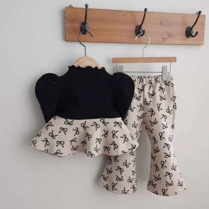 長袖セットアップ リボン柄ペプラムトップス + フレアパンツ | パフ袖セットアップ | リンクコーデ【mh0011489】