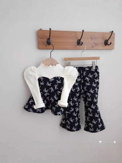 長袖セットアップ リボン柄ペプラムトップス + フレアパンツ | パフ袖セットアップ | リンクコーデ【mh0011489】