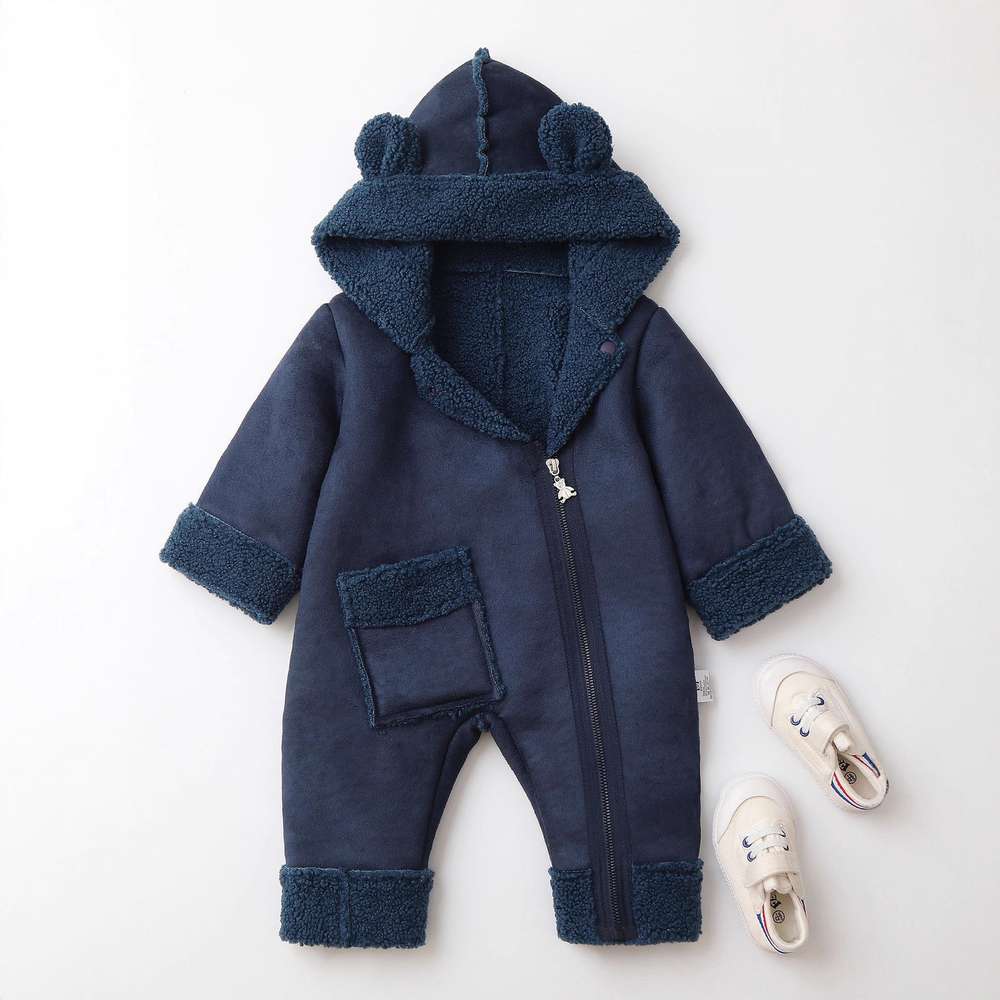アウタージャンプスーツ Navy / 66cm ベビーカバーオール | くま耳フード | 裏ボアムートン風アウターロンパース【mh0011487】