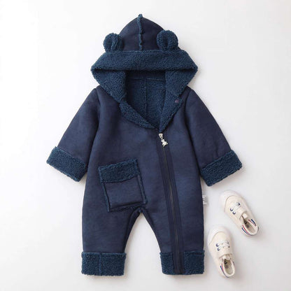 アウタージャンプスーツ Navy / 66cm ベビーカバーオール | くま耳フード | 裏ボアムートン風アウターロンパース【mh0011487】