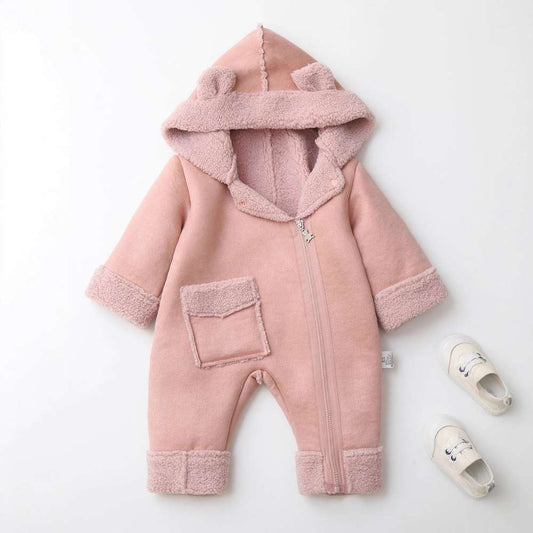 アウタージャンプスーツ Pink / 66cm ベビーカバーオール | くま耳フード | 裏ボアムートン風アウターロンパース【mh0011487】