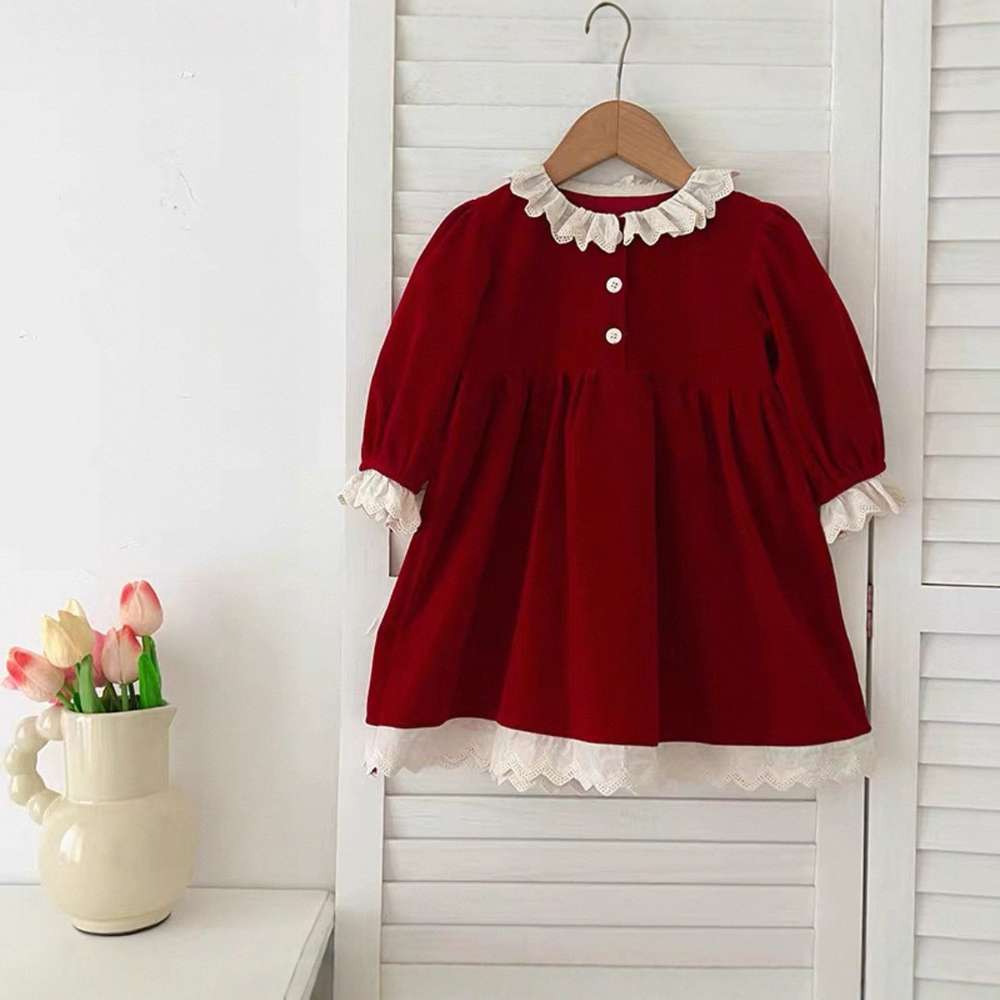 長袖ワンピース Red dress / 80cm ベロア長袖ロンパース/ワンピース | レース襟パフ袖 | 姉妹リンクコーデ【mh0011488】