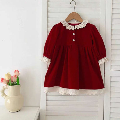 長袖ワンピース Red dress / 80cm ベロア長袖ロンパース/ワンピース | レース襟パフ袖 | 姉妹リンクコーデ【mh0011488】