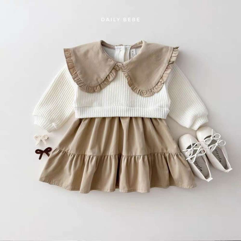 長袖ワンピース White + yellow / 73cm 長袖ドッキングワンピース | ビッグカラーフリル襟 | レイヤード風【mh0011486】