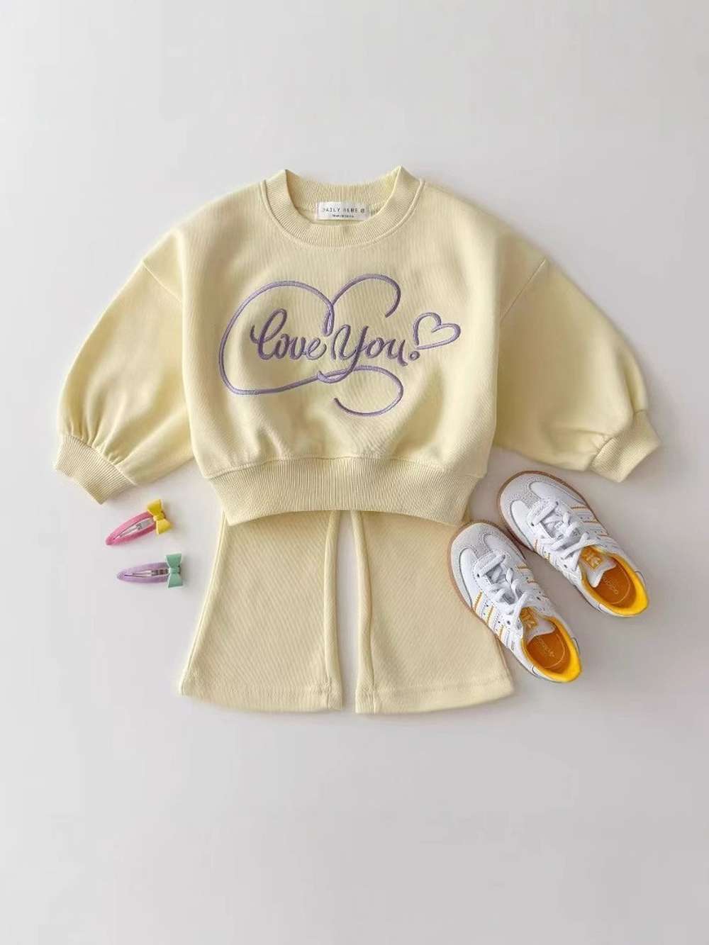 長袖セットアップ Yellow / 73cm ロゴ刺繍スウェット + フレアパンツ | 裏毛セットアップ【mh0011490】