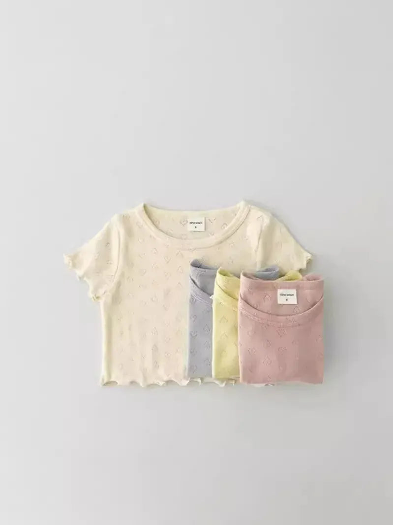 半袖Tシャツ ベビートップス ハートレースニット 半袖Tシャツ パステル 4カラー【mh0005475】