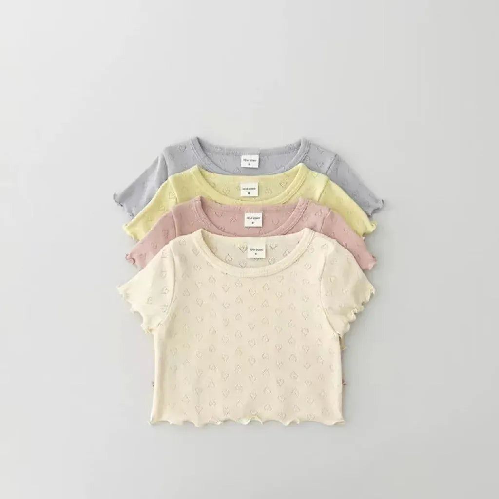 半袖Tシャツ ベビートップス ハートレースニット 半袖Tシャツ パステル 4カラー【mh0005475】