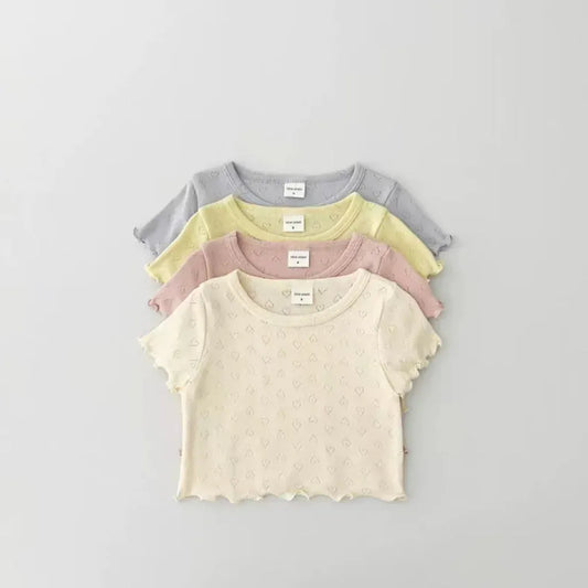 半袖Tシャツ ベビートップス ハートレースニット 半袖Tシャツ パステル 4カラー【mh0005475】
