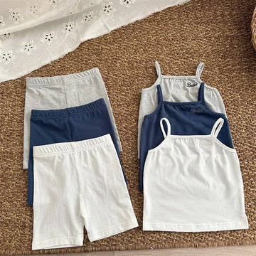 ノースリーブセットアップ キッズセットアップ 2点セット キャミソール+ショートレギンスパンツ レターロゴワンポイント 3カラー【mh0005306】