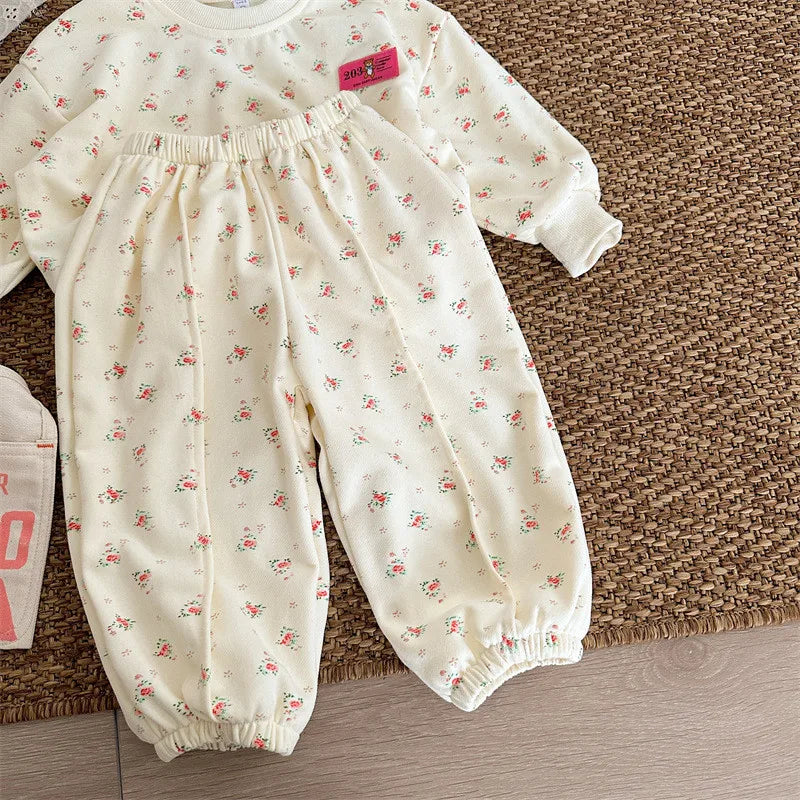 長袖セットアップ キッズセットアップ 2点セット スウェットトレーナー スウェットパンツ フラワー小花柄プリント【mh0004276】