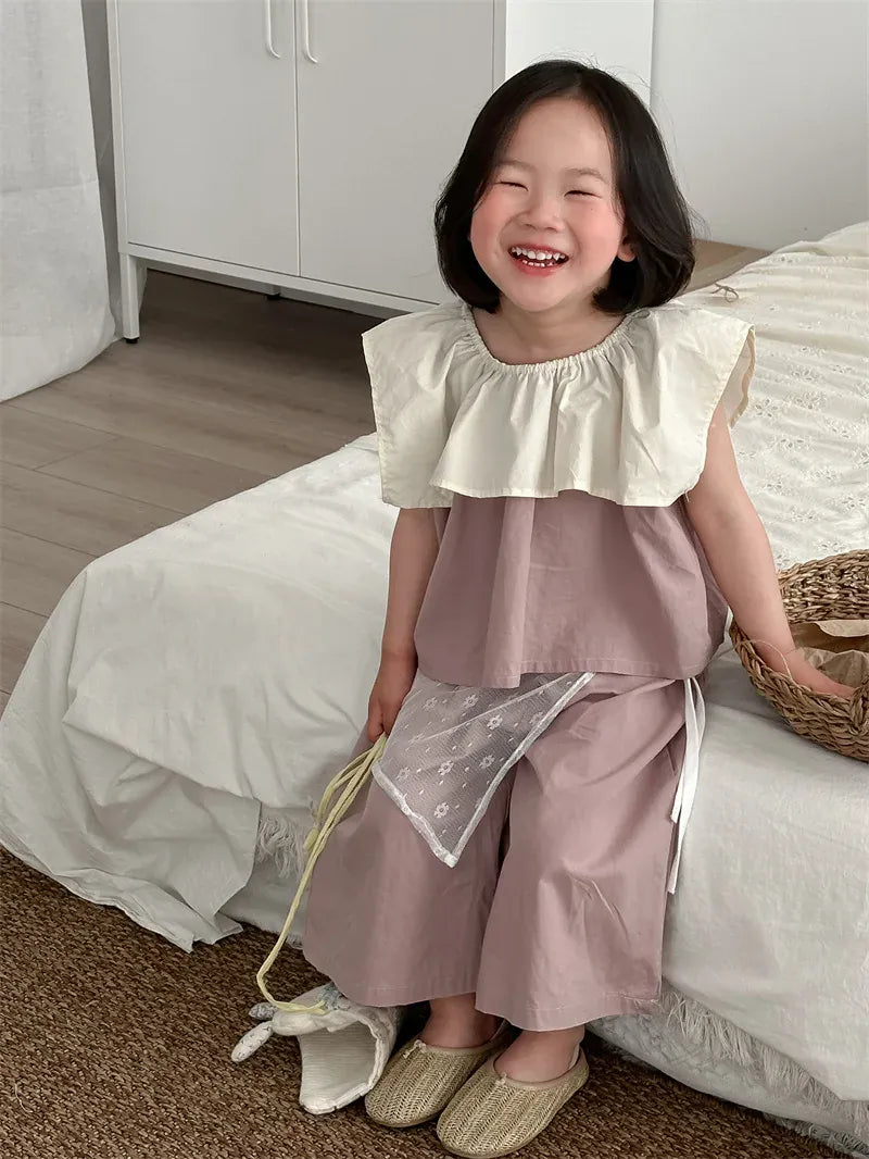 ノースリーブセットアップ キッズセットアップ 2点セット ノースリーブビッグ襟ブラウス+ワイドルーズパンツ【mh0005307】