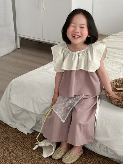 ノースリーブセットアップ キッズセットアップ 2点セット ノースリーブビッグ襟ブラウス+ワイドルーズパンツ【mh0005307】