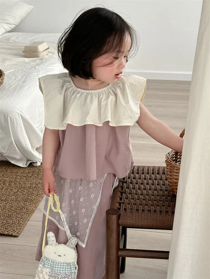 ノースリーブセットアップ キッズセットアップ 2点セット ノースリーブビッグ襟ブラウス+ワイドルーズパンツ【mh0005307】