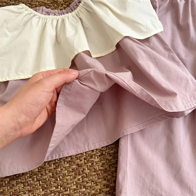 ノースリーブセットアップ キッズセットアップ 2点セット ノースリーブビッグ襟ブラウス+ワイドルーズパンツ【mh0005307】