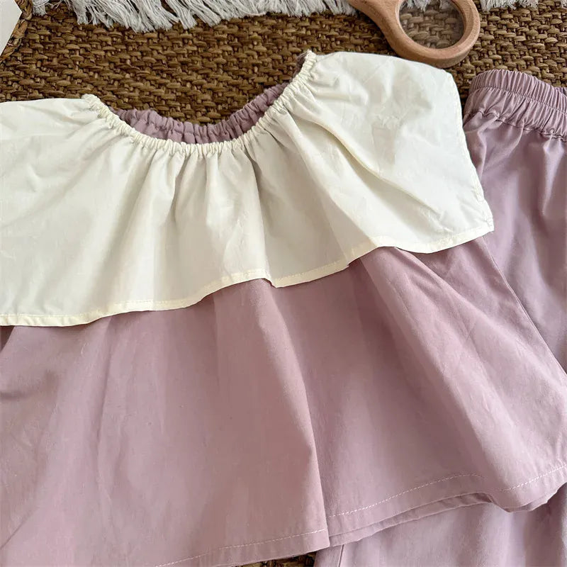 ノースリーブセットアップ キッズセットアップ 2点セット ノースリーブビッグ襟ブラウス+ワイドルーズパンツ【mh0005307】