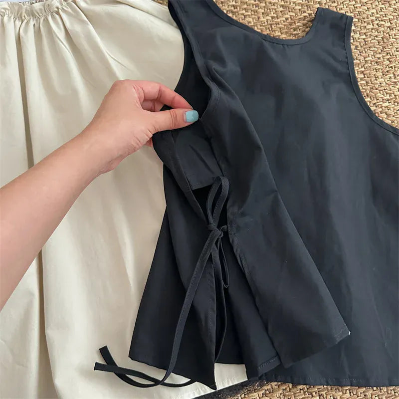 長袖ワンピース キッズセットアップ 2点セット 長袖フリルスタンドカラーワンピース+ノースリーブサイドリボンエプロンドレス【mh0006723】