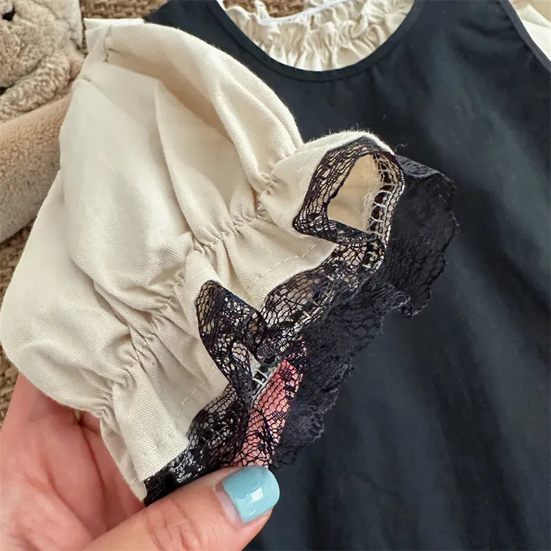 長袖ワンピース キッズセットアップ 2点セット 長袖フリルスタンドカラーワンピース+ノースリーブサイドリボンエプロンドレス【mh0006723】