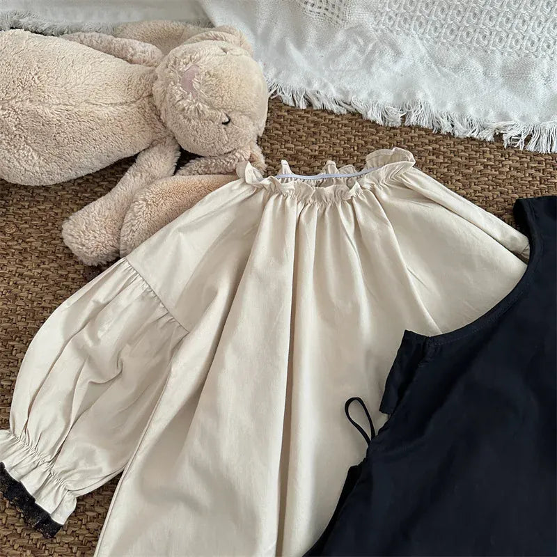 長袖ワンピース キッズセットアップ 2点セット 長袖フリルスタンドカラーワンピース+ノースリーブサイドリボンエプロンドレス【mh0006723】