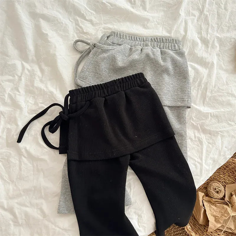 ロングパンツ・スウェットパンツ キッズパンツ サイドリボン巻きスカートドッキングスカッツフレアパンツ 2カラー【mh0006738】