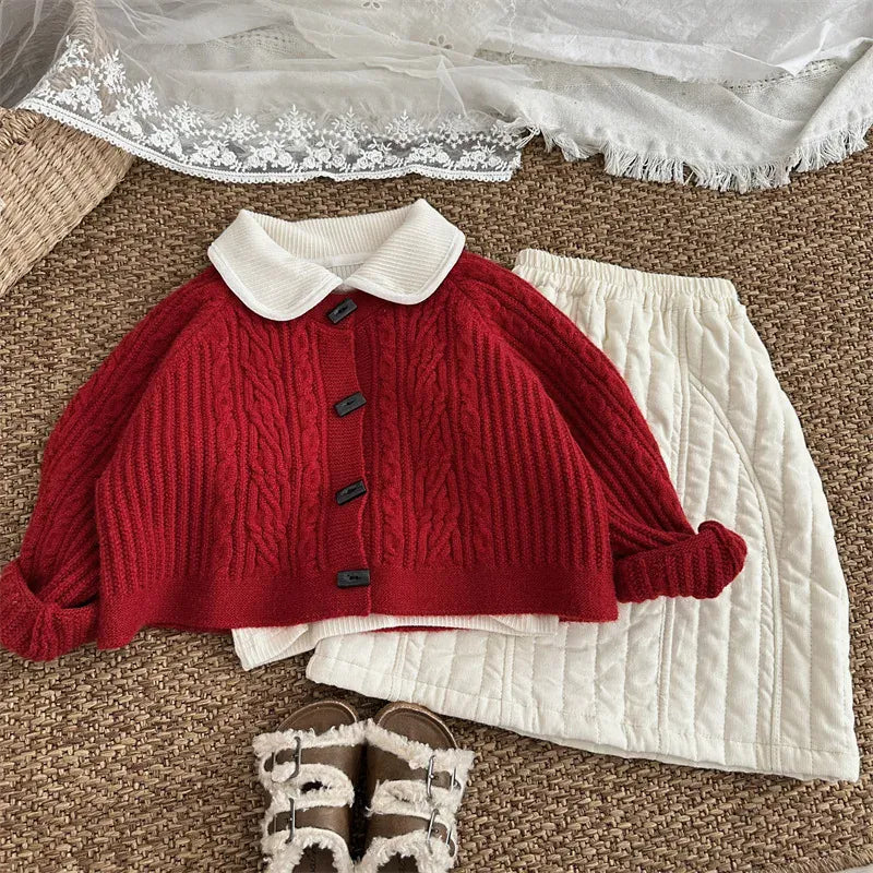 カーディガン・パーカー キッズカーディガン ウッドボタンアラン編みケーブルニットジャケット 2カラー【mh0007554】