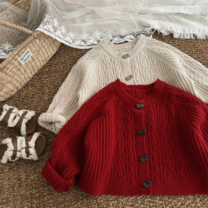 カーディガン・パーカー キッズカーディガン ウッドボタンアラン編みケーブルニットジャケット 2カラー【mh0007554】