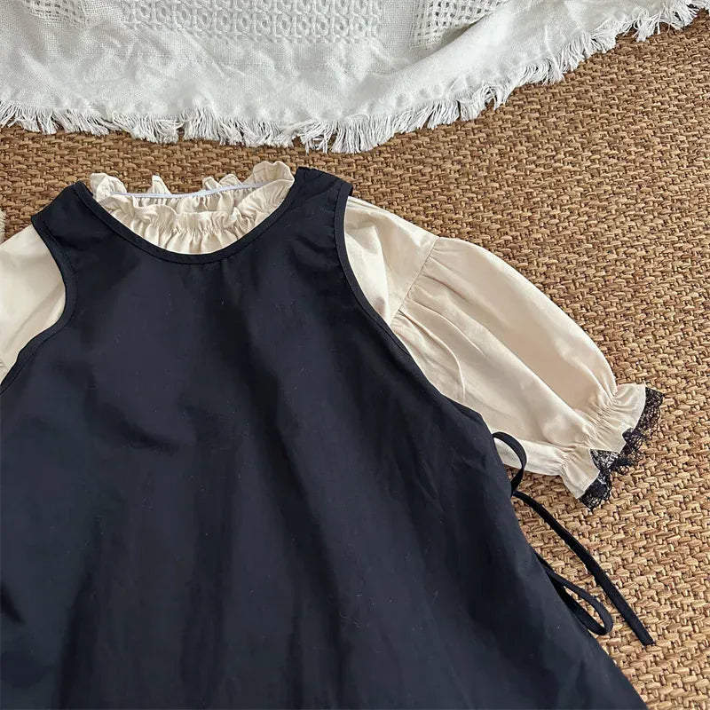 長袖ワンピース 2pcs sets / 18M (80) キッズセットアップ 2点セット 長袖フリルスタンドカラーワンピース+ノースリーブサイドリボンエプロンドレス【mh0006723】