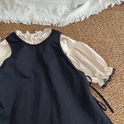 長袖ワンピース 2pcs sets / 18M (80) キッズセットアップ 2点セット 長袖フリルスタンドカラーワンピース+ノースリーブサイドリボンエプロンドレス【mh0006723】