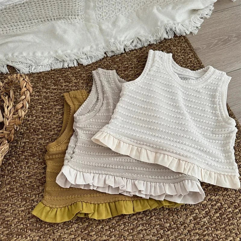 タンクトップ・キャミソール・ノースリーブトップス キッズトップス ニットフリル ノースリーブ ペプラムブラウス 3カラー【mh0006020】