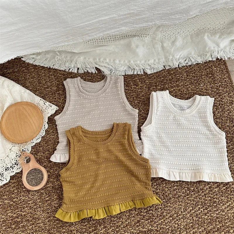 タンクトップ・キャミソール・ノースリーブトップス キッズトップス ニットフリル ノースリーブ ペプラムブラウス 3カラー【mh0006020】