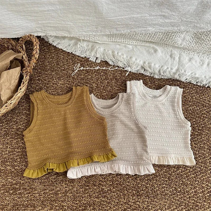 タンクトップ・キャミソール・ノースリーブトップス キッズトップス ニットフリル ノースリーブ ペプラムブラウス 3カラー【mh0006020】