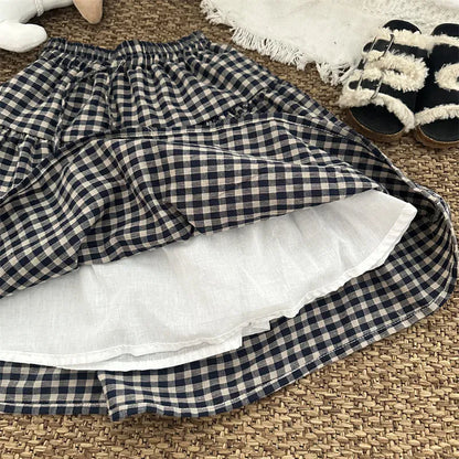 スカート キッズスカート チェック/無地ミモレ丈Aラインスカート 2カラー【mh-0006770】