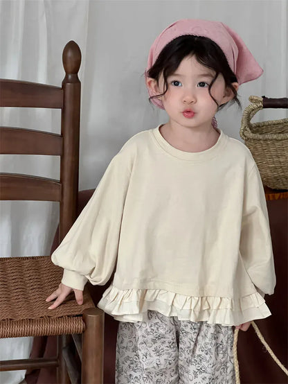 長袖シャツ・ブラウス Apricot / 18M (80) キッズトップス 裾フリルドロップショルダー長袖パフスリーブTシャツ【mh0008903】