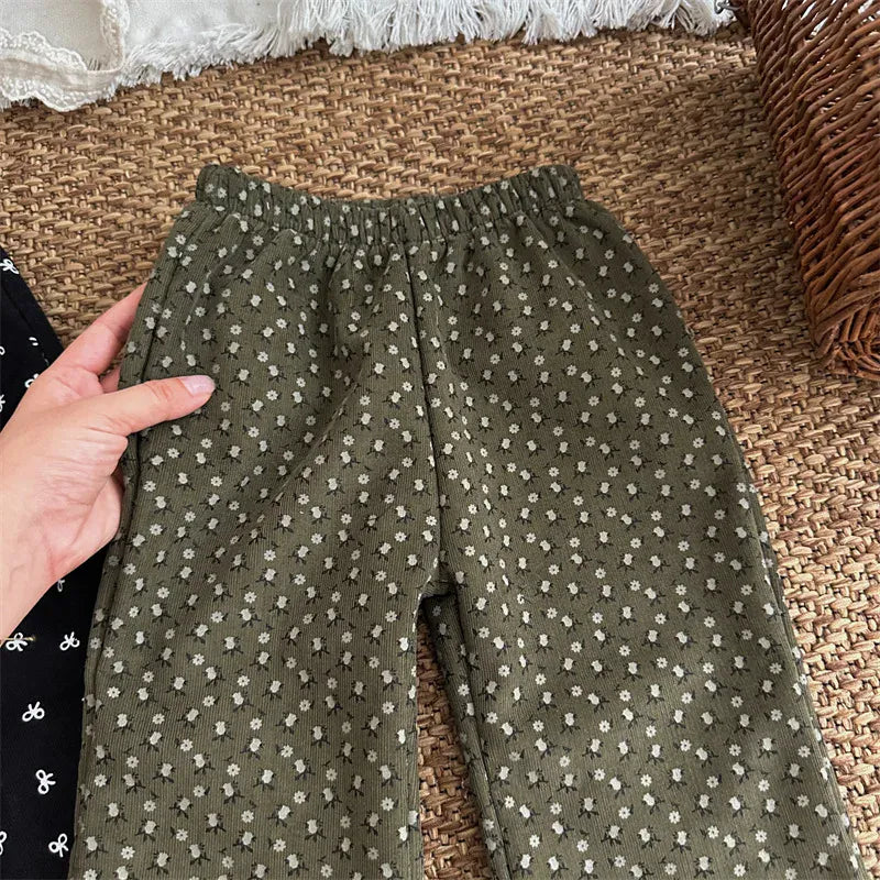 ロングパンツ・スウェットパンツ Army Green / 18M  (80cm) キッズパンツ フラワープリント裏フリースロングフレアパンツ【mh0007915】