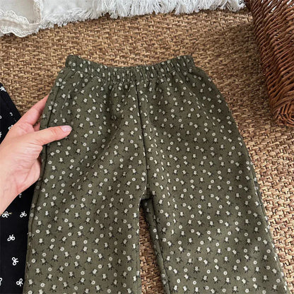 ロングパンツ・スウェットパンツ Army Green / 18M  (80cm) キッズパンツ フラワープリント裏フリースロングフレアパンツ【mh0007915】