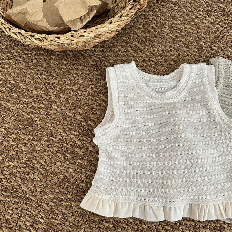 タンクトップ・キャミソール・ノースリーブトップス Beige / 18M (80) キッズトップス ニットフリル ノースリーブ ペプラムブラウス 3カラー【mh0006020】